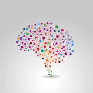 Illustration of Brain comprised of multicolored dots and network of interconnecting lines